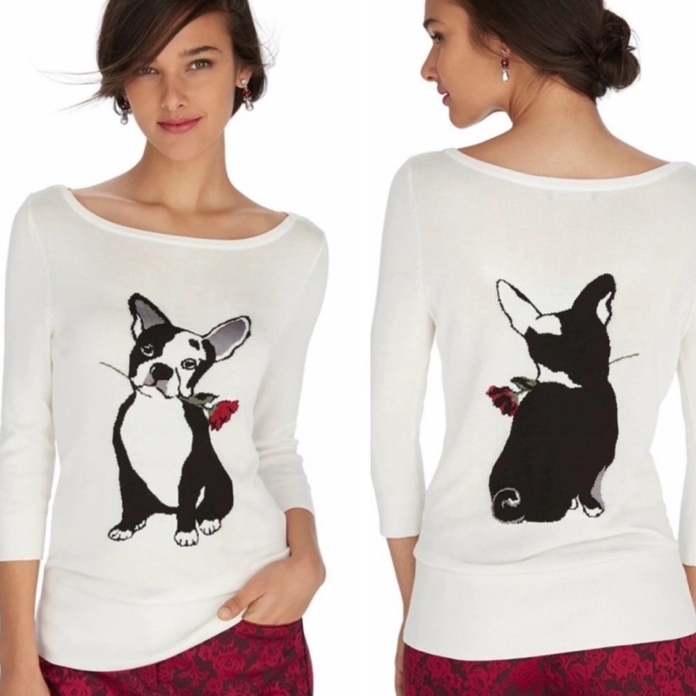 WHBM French bulldog knit SWEATER TOP dog PRINT Medium. A